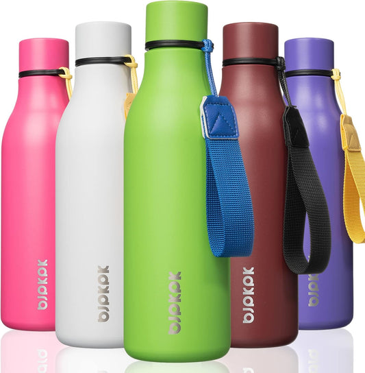 BJPKPK Insulated Water Bottles, 18 oz Stainless Steel Metal Water Bottle with Strap, BPA Free Leak Proof Thermos, Mugs, Flasks, Reusable Water Bottle for Sports & Travel, Green