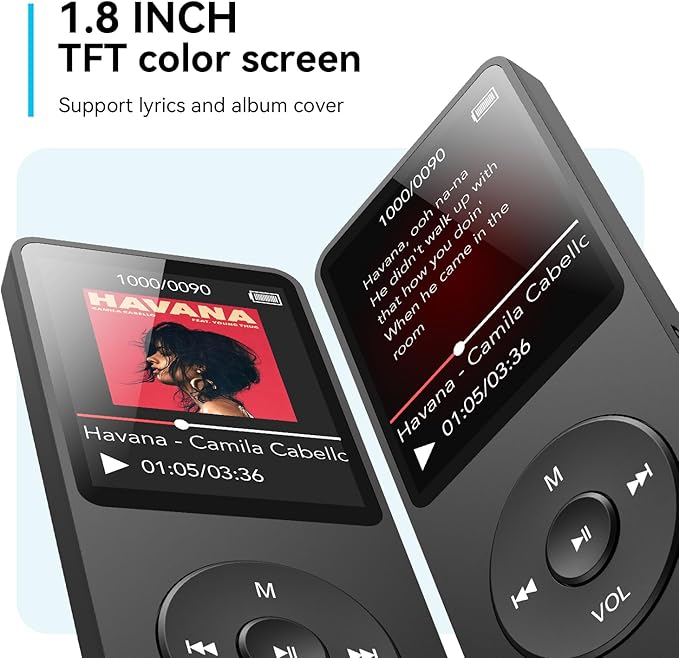 AGPTEK A02 MP3 Player with Bluetooth 5.3, 1.8 inch Screen Portable Music Player with Speaker, FM Radio, Voice Recorder, Supports Expanded Up to 128GB(Black, 32GB)