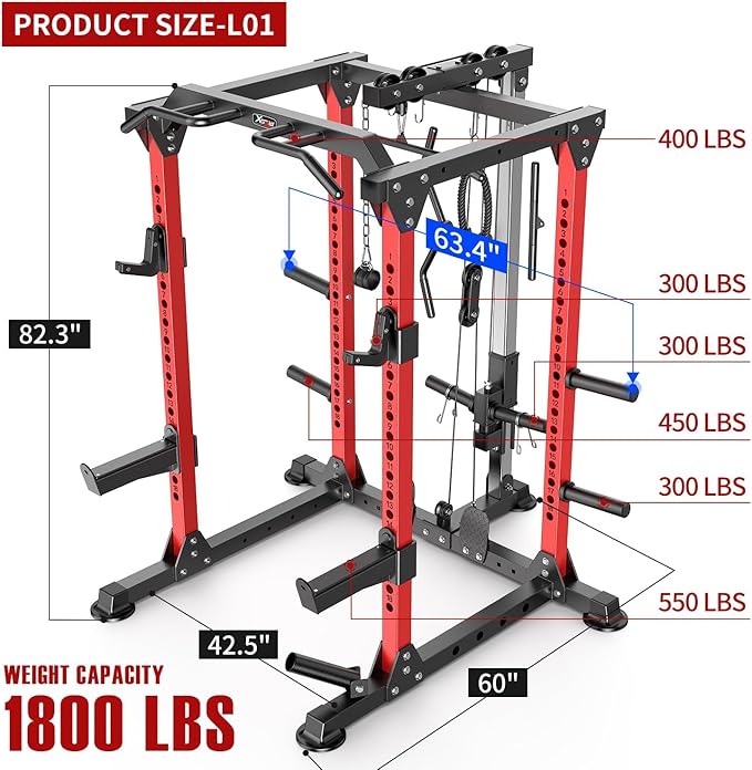 Power Cages Multi-Purpose Squat Rack with Cable Crossover System, Matching Weight Bench, Olympic Barbell Weight Set for Garage and Home Gyms