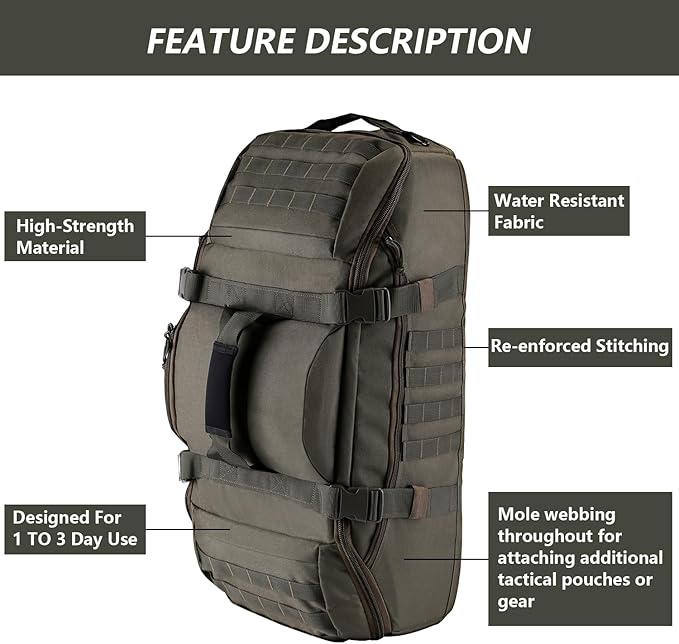 65L Large Duffle Bag, 3-in-1 Tactical Backpack MOLLE Pack for Sports, Gym, Outdoor, Olive Green