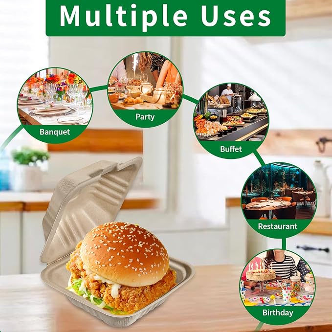 Aricsen Compostable 100 Pack 6x6 Inch Disposable Square Small Lunch Box Takeout Containers with Lid To Go Take Out Clamshell for Food, Eco-Friendly Biodegradable Bagasse, PFAS-Free, Unbleached Brown