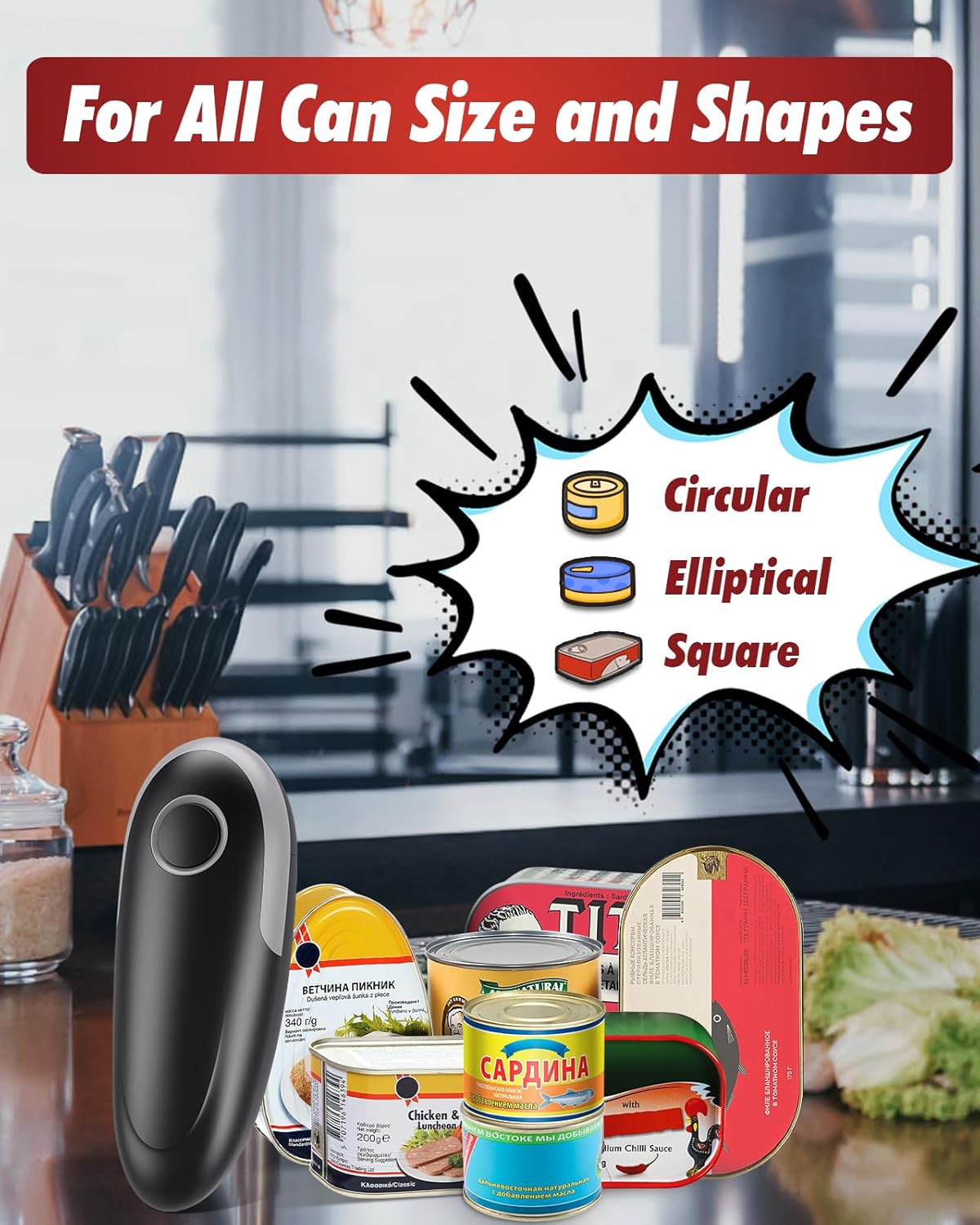 One Touch Electric Can Opener Fits All Can Sizes, Electric Can Openers for Kitchen Food Safe with Smooth Edge, Kitchen Gadgets Automatic Can Opener for Seniors, Arthritis and Chef（Black)