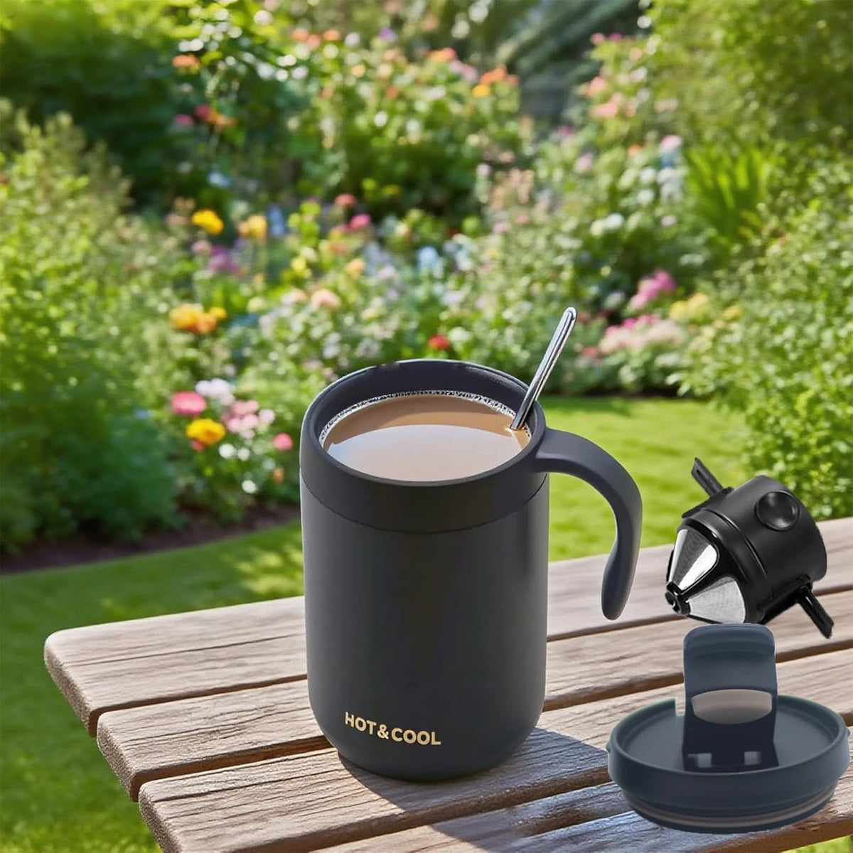 Portable 16oz Pour Over Coffee Maker with Foldable Filter & Stirrer – Insulated Stainless Steel Travel Cup with Lid – No Paper Filter Needed, BPA-Free, Black – For Home, Office, Camping, Backpacking