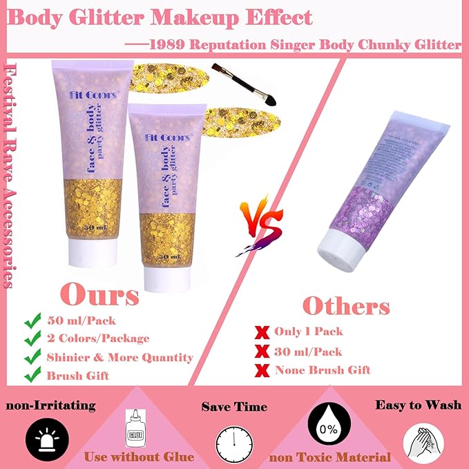 Body Glitter Face Glitter Gel: Singer Concerts Disco Festival Rave Accessories Face Glitter Makeup 150ml Chunky Sequins Mermaid Face Body Hair Glitter Gel (2 Gold)