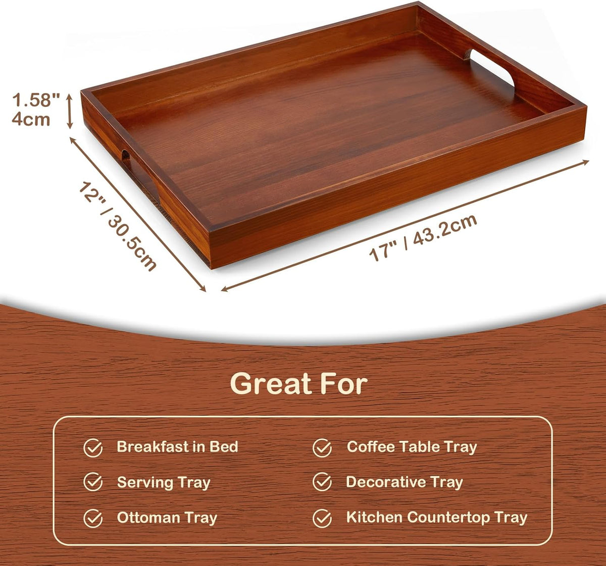 17 Inch Brown Serving Tray with Handles, Large Wooden Tray for Ottoman, Breakfast in Bed, Coffee Table, Dinner, Rectangular Wood Tray for Living Room Bedroom Entryway and Kitchen