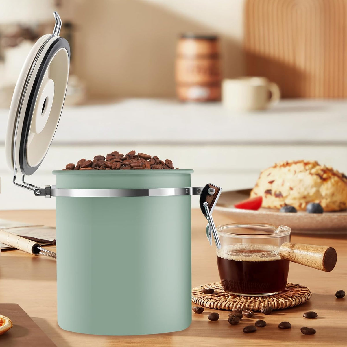 3Pcs Coffee Storage Canister 1.5L Double Airtight Coffee Beans Container with Date Locator 304 Stainless Steel Kitchen Food Storage Container with Spoon for Coffee Beans Grounds Tea,Green Sugar,Green