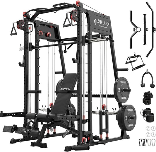 Mikolo Smith Machine, 2200lbs Squat Rack with LAT-Pull Down System & Cable Crossover Machine, Training Equipment with Leg Hold-Down Attachment