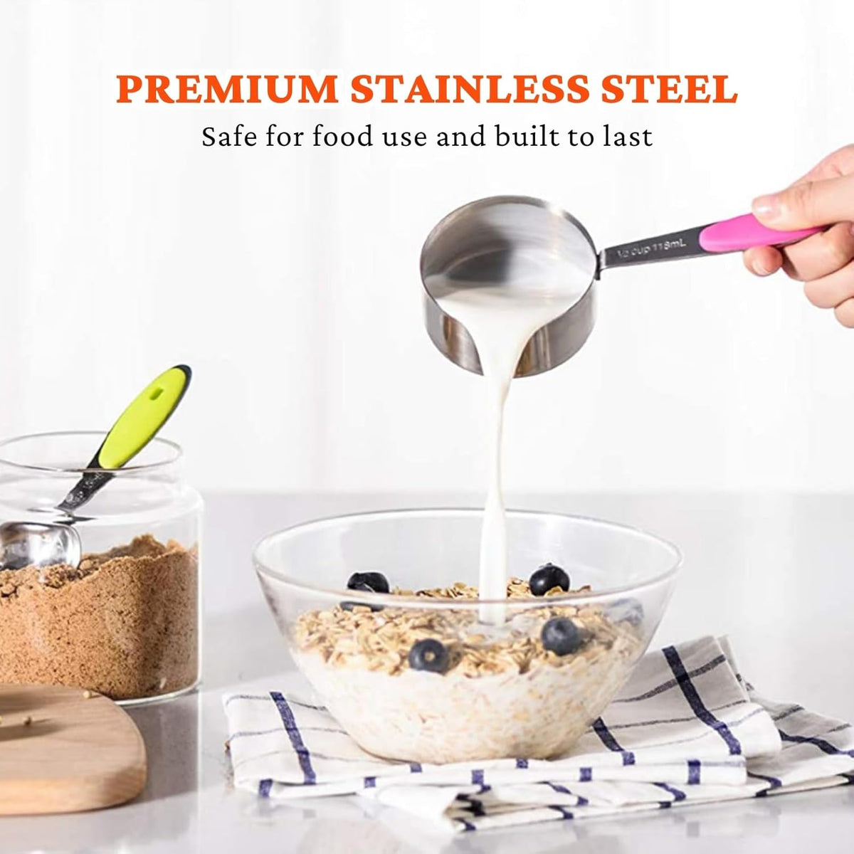Stainless Steel Measuring Cups and Spoons Set of 19, 5 Measuring Cups with Colored Silicone Handles, 9 Nesting Spoons, 5 Mini Spoons, Kitchen Gadgets for Cooking & Baking, Dry and Liquid Ingredients
