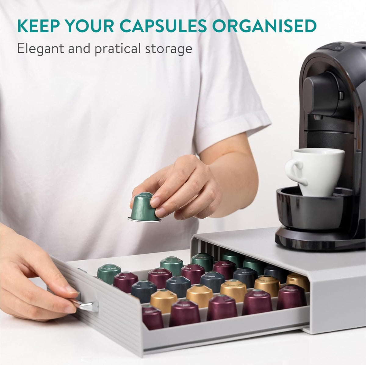Navaris Coffee Pod Holder Drawer - 50 Capsule Storage Organizer Tray Counter Container - Fits Standard Sizes of Pods and Capsules - 1 Drawer Design - Gray
