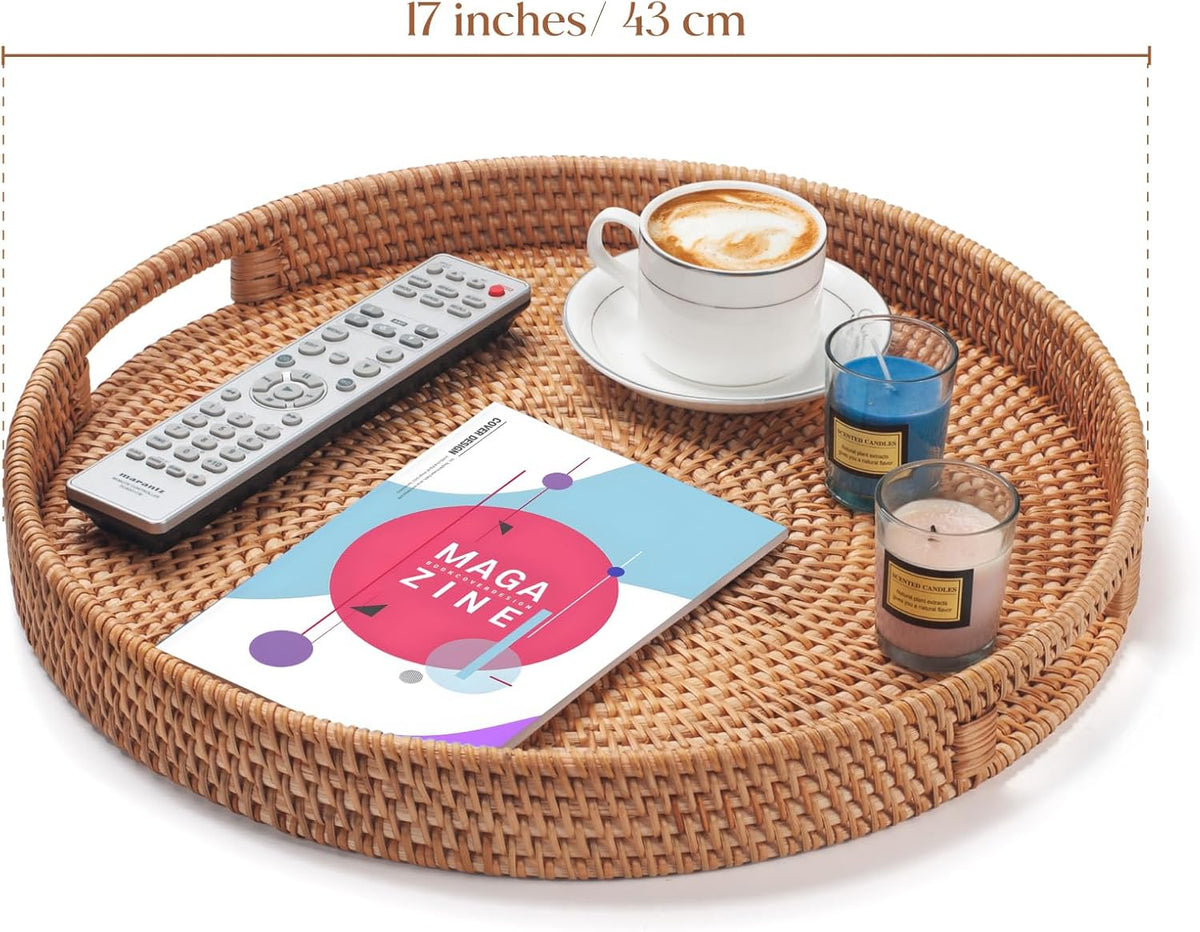 Rattan Large Serving Tray, Wicker Round Fruit/Bread Serving Basket, Extra Large Decorative Ottoman Tray for Living Room, Coffee Table, Breakfast, 16.9 inch