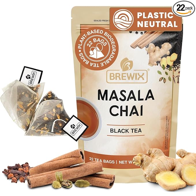 BREWIX, Masala Chai Tea Bags (22 Pyramid Tea Bags) Strong, Robust & Spicy - Pure Ingredients | Black Tea, Cinnamon, Ginger, Black Pepper, Cardamom & Cloves, Packed in Resealable Ziplock Pouch
