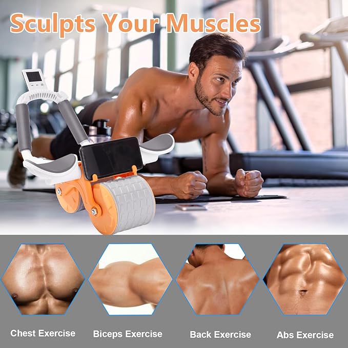 Bersauji 2025 New Ab Roller Wheel with Knee Mat &Timer, Automatic Rebound Abdominal Wheel, Ab Abdominal Exercise Roller with Elbow Support, Abs Workout Equipment Ab Exercise Roller for Women Men