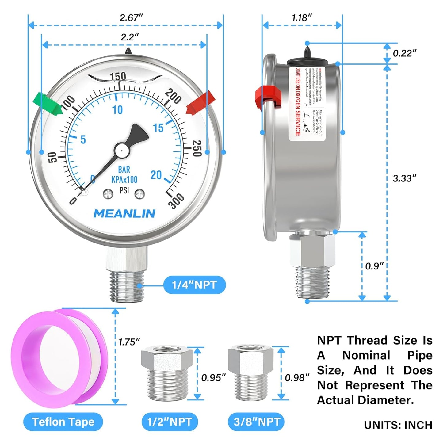 MEANLIN MEASURE 0~300Psi Stainless Steel Liquid Filled Pressure Gauge 2.5" FACE DIAL 1/4" NPT for Air Compressor Air Regulator Water Filter Lower Mount with Stainless Steel Hex Bushing and Snaps