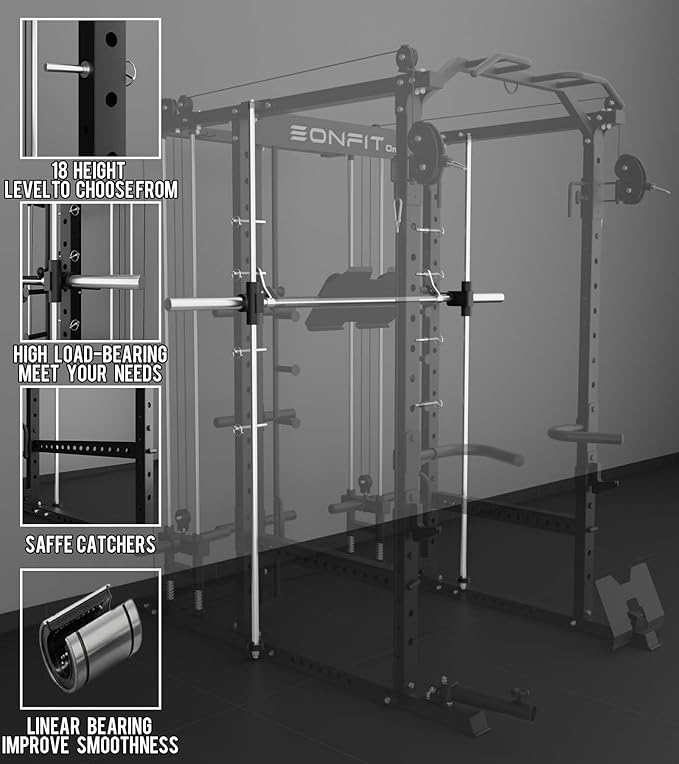 Eonfit E5 Smith Machine with Vertical Leg Press, Power Cage Squat Rack with LAT-Pull Down Cable Crossover Rotating Arms System Home Gym Equipment All in One (E5 RED)