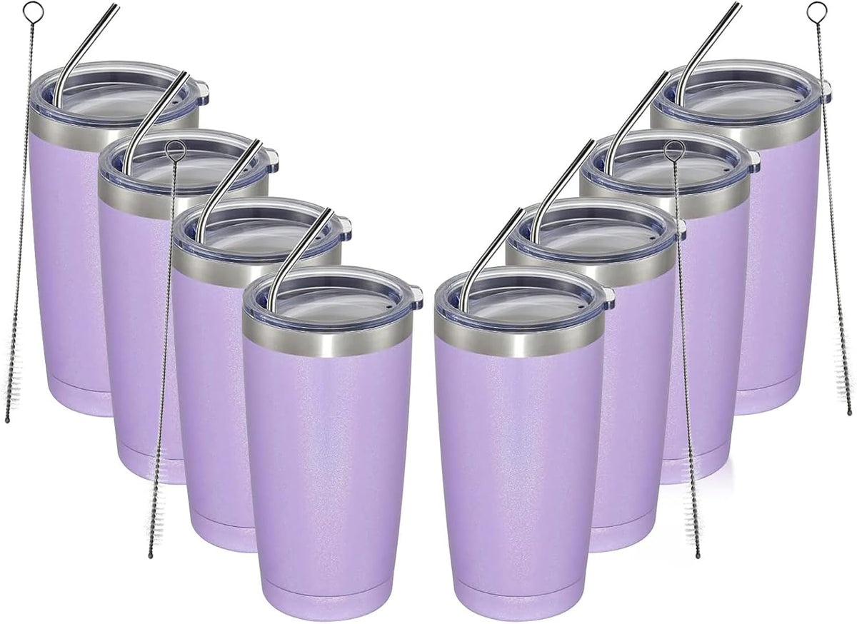 MEWAY 20oz Tumbler 8 Pack Double Wall Vacuum Insulated Travel Glitter Mug Bulk, Stainless Steel Tumblers with Lid and Straw, Powder Coated Coffee Cups for Woman(Rainbow Purple,Set of 8)