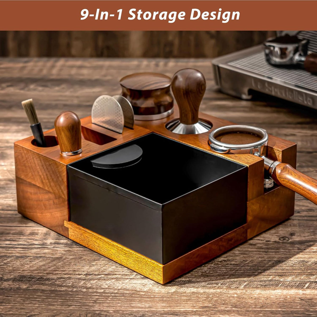 Espresso Tamping Station Knock Box - 9 in1 Espresso Knock Box And Tamp Station Coffee Organizer Fit for 51mm 53mm 54mm 58mm Espresso Tamper Distributor Portafilter Puck Screen Accessories Storage