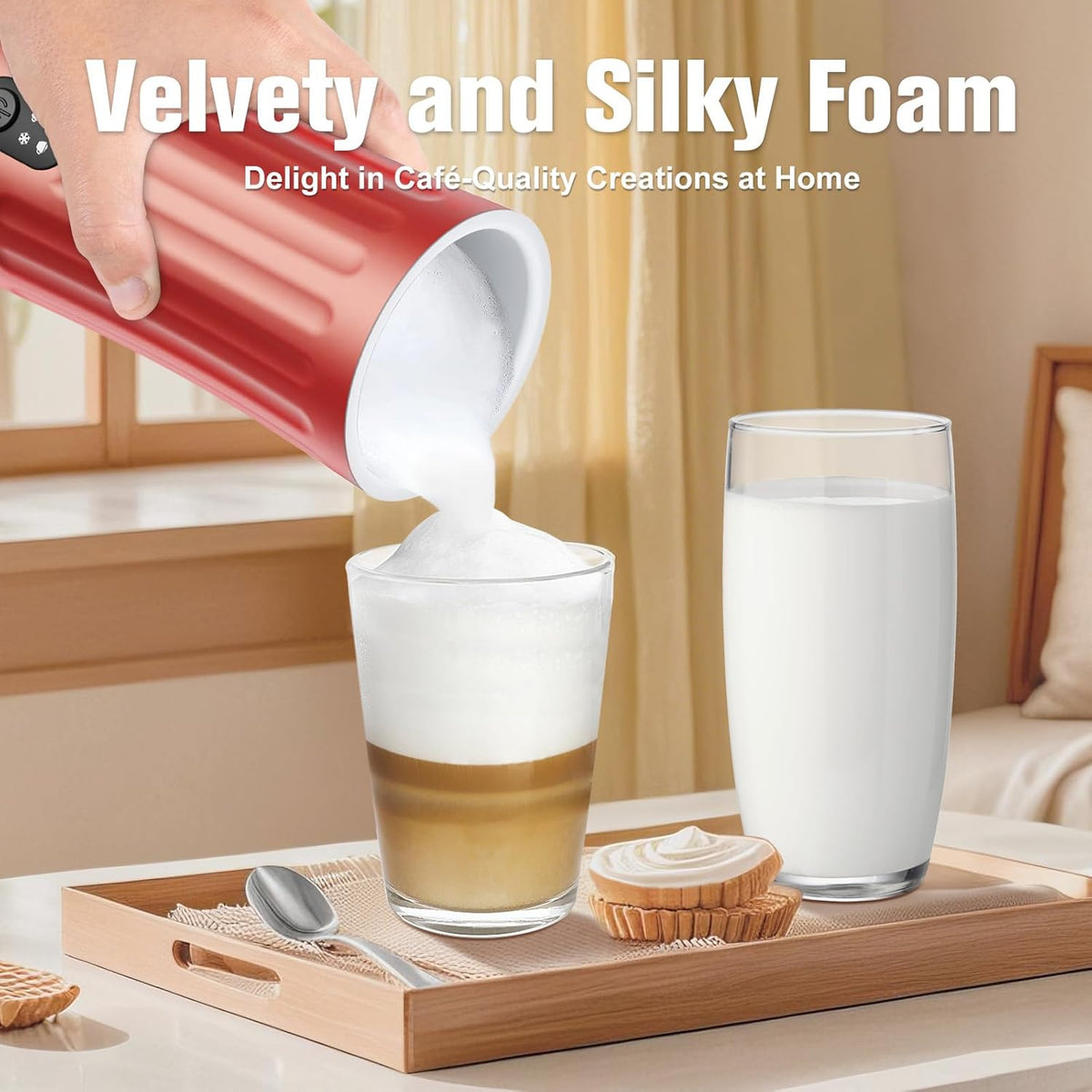 Electric Milk Frother, 4-in-1 Milk Steamer and Frother, 8.1oz/240ml Automatic Warm and Cold Foam Maker, Auto Shut-Off Frother for Coffee, Latte, Cappuccino, Macchiato(Rose)