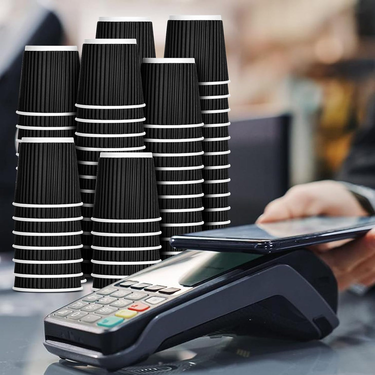 100 4oz Disposable Espresso Cups with Lids Ripple Corrugated Paper Disposable Coffee Cups Cups for Hot Chocolate, Tea, and Cocoa Drinks (Black)