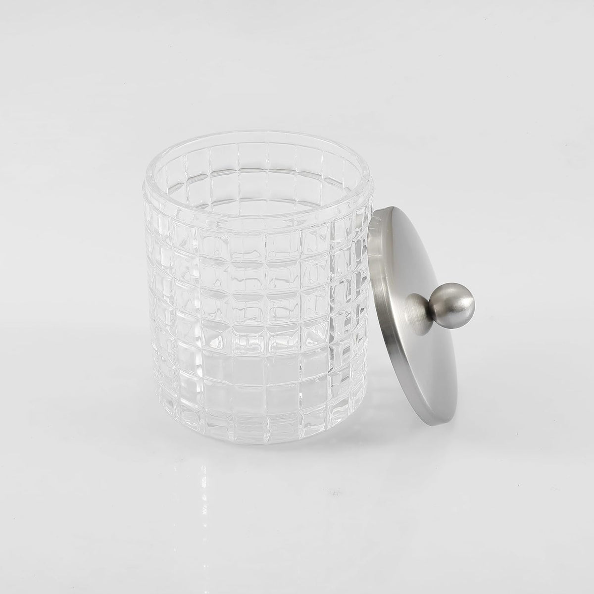 Glass Jar with Metal Lid for Bathroom Organization, Clear Apothecary Jar for Cotton Balls, Q Tips, and Small Accessories, Stylish Bathroom Storage Container Clear, Nickel