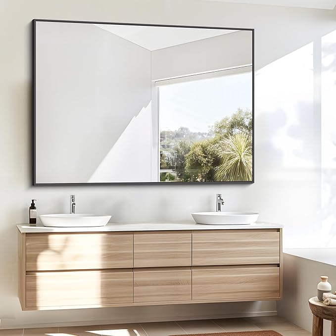 Bathroom Mirror,36x48 inch Large Wall Mirror for Bathroom Wall Mounted Black Rectangle Corner Mirrors,Black Bathroom Mirror for Living Room,Farmhouse,Bedroom Entryway,Horizontal/Vertical