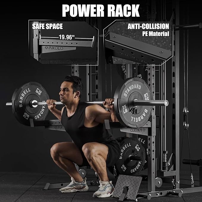 Mikolo Smith Machine, Multi-Function Power Cage with Dual Pulley System, Vertical Leg Press Attachment, Squat Rack Power Rack with More Training Attachment for Home Gym