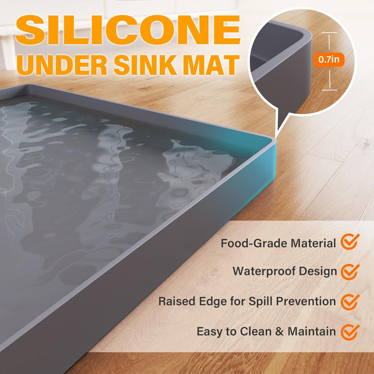 FLATO Waterproof Under Sink Mat 28" x 19" Shelf Liner for Kitchen and Bathroom, Cabinet Protector, Organizers and Storage, Flexible Silicone Drip Tray
