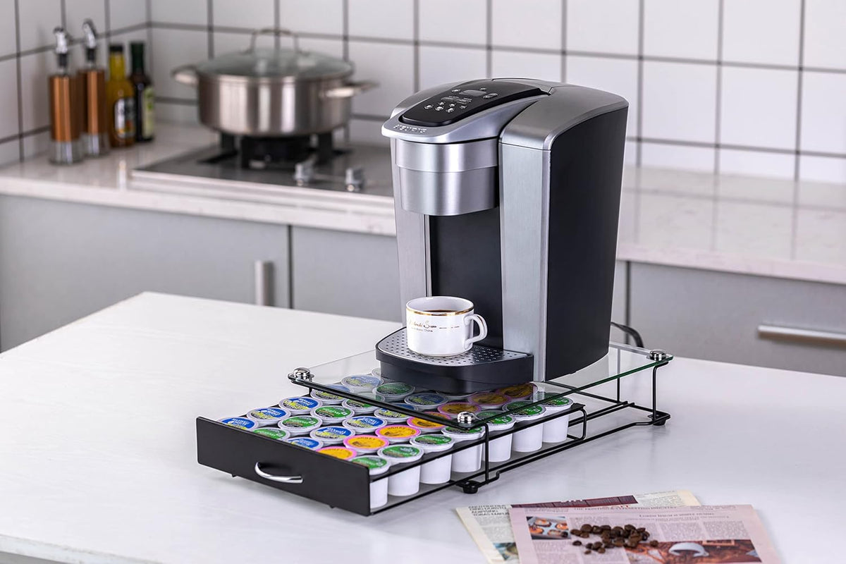 ZCDCP K Cup Holder Drawer, Coffee Pod Holder for K Cup Orgainzer with Termpered Glass Top, Keurig Coffee Pods Holder Capsule with 35 Pods, Black