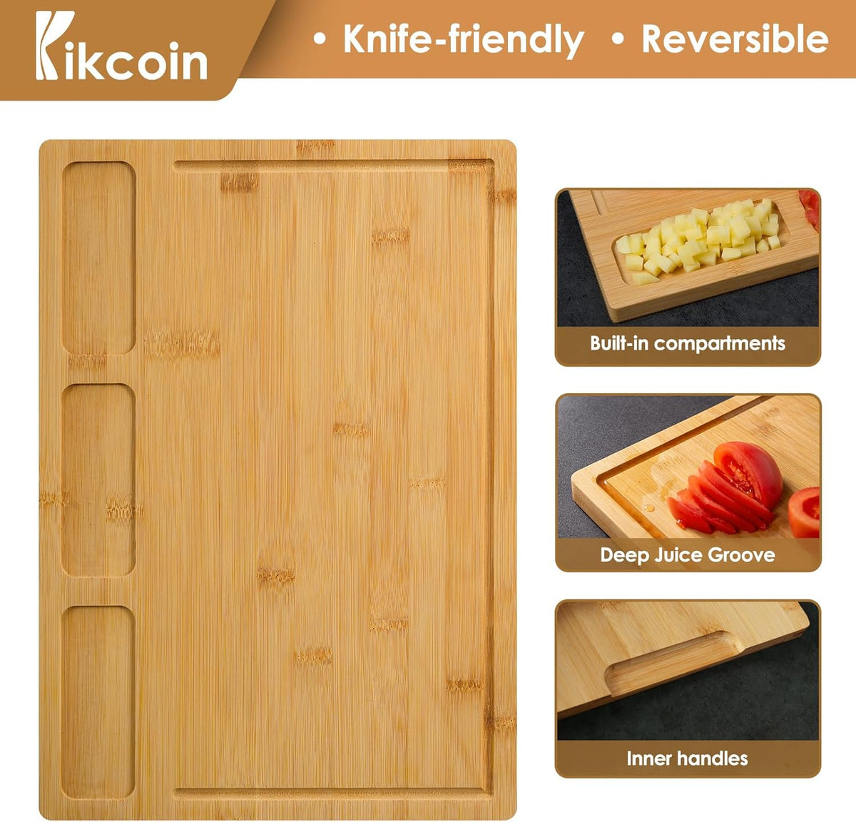 Bamboo Cutting Boards for Kitchen, (Set of 3) Kitchen Chopping Board with 3 Built-In Compartments and Juice Groove Heavy Duty Serving Tray Wood Butcher Block and Wooden Carving Board, Kikcoin