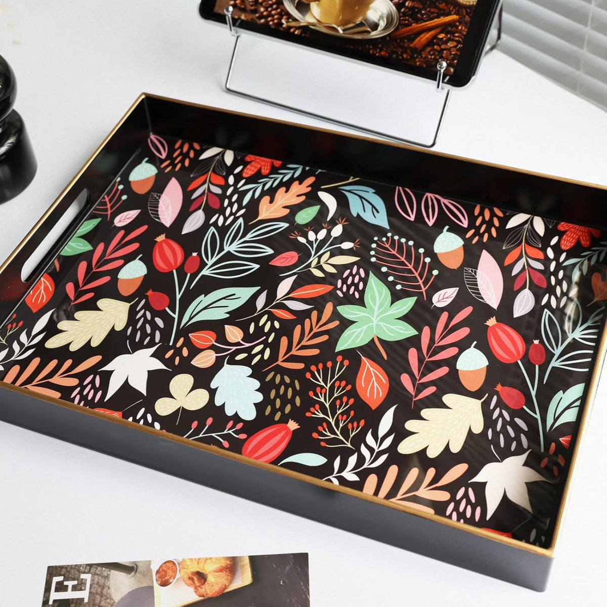 Rectangle Serving Tray with Handles, Coffee Table Tray for Ottoman, Organizer Vanity Tray for Living Room, Outdoor Tray for Patio Entertaining, Serving Breakfast Kitchen Platter LEE3040BH