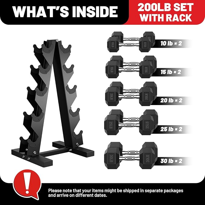 PAPABABE Hex Dumbbell Sets with Rack, 60-550lb Rubber Coated Dumbbell Weight Set and Storage Rack, Multiple Options Hand Weights for Strength Training