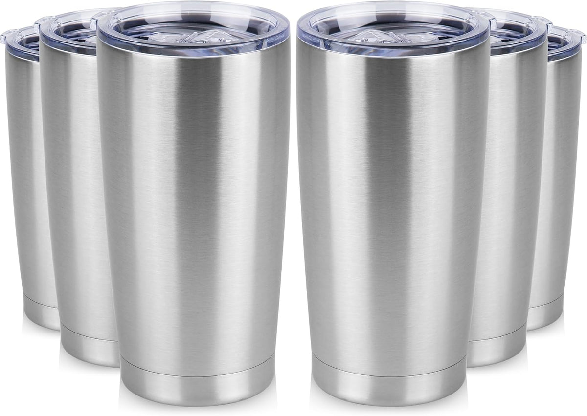 20 oz Tumbler Stainless Steel Tumblers Bulk with Lid Double Wall Insulated Coffee Tumbler Cups for Hot & Cold Drinks Powder Coated Travel Coffee Tumbler Mug Metal (Stainless Steel, 6 pack)