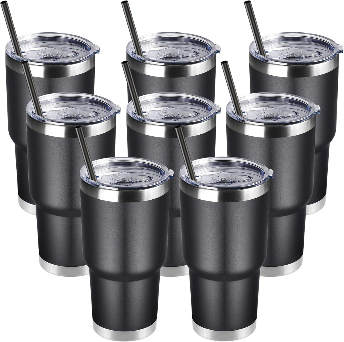 DOMICARE 30 oz Tumbler with Lid and Straw, Stainless Steel Tumblers Bulk, Insulated Vacuum Double Wall Travel Coffee Mug, Durable Powder Coated Tumbler Cups (Black, 8)