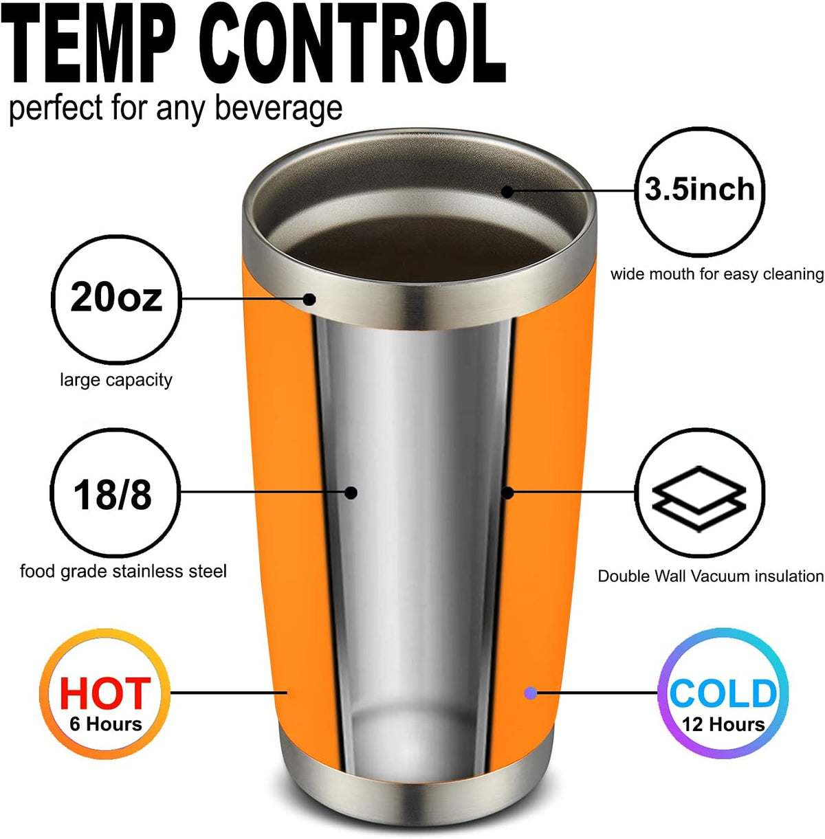 COMOOO 20oz Double Wall Vacuum Insulated Travel Mug Bulk Stainless Steel Tumbler with Lid and Straw Durable Powder Coated Insulated Coffee Cup for Cold & Hot Drinks (Orange, 12 pack