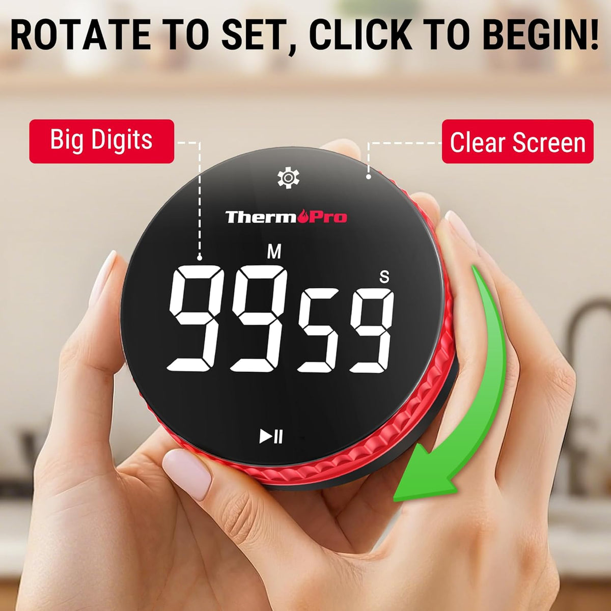 ThermoPro 99-Hour Digital Kitchen Timer with Strong Magnetic & Stable Stand, Classroom Timers with 3-Volume-Level, Stopwatch/Timer with Large LED Display, Digital Timers for Classroom, Office & Gym