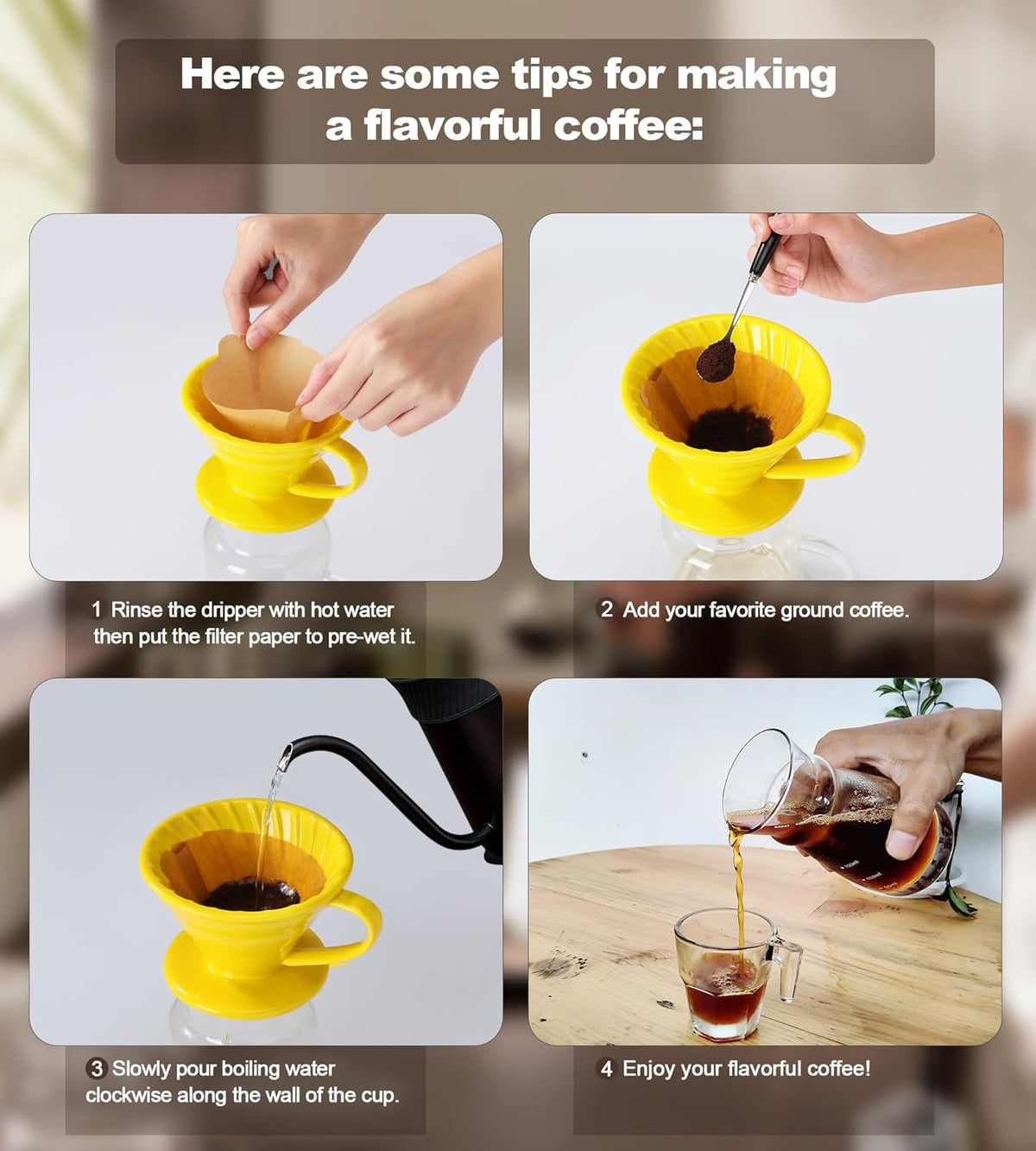 Pour Over Coffee Dripper - Ceramic Pour Over Coffee Maker Cone, Porcelain Coffee Drip, Pour Over Single Cup, Manual Brew Maker for Home, Cafe, Office - 1-4Cup, V60 Size 02 (Yellow)