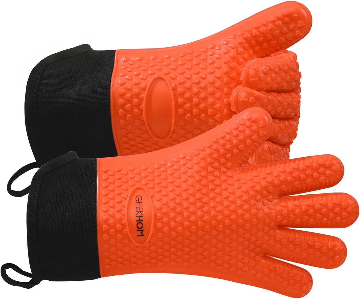 GEEKHOM BBQ Gloves Heat Resistant Oven Mitts - Silicone Grilling Gloves with 14" Long Arm Protection - Waterproof Pot Holder Non-Slip for Men & Women, Kitchen Cooking, Baking, Camping, Orange