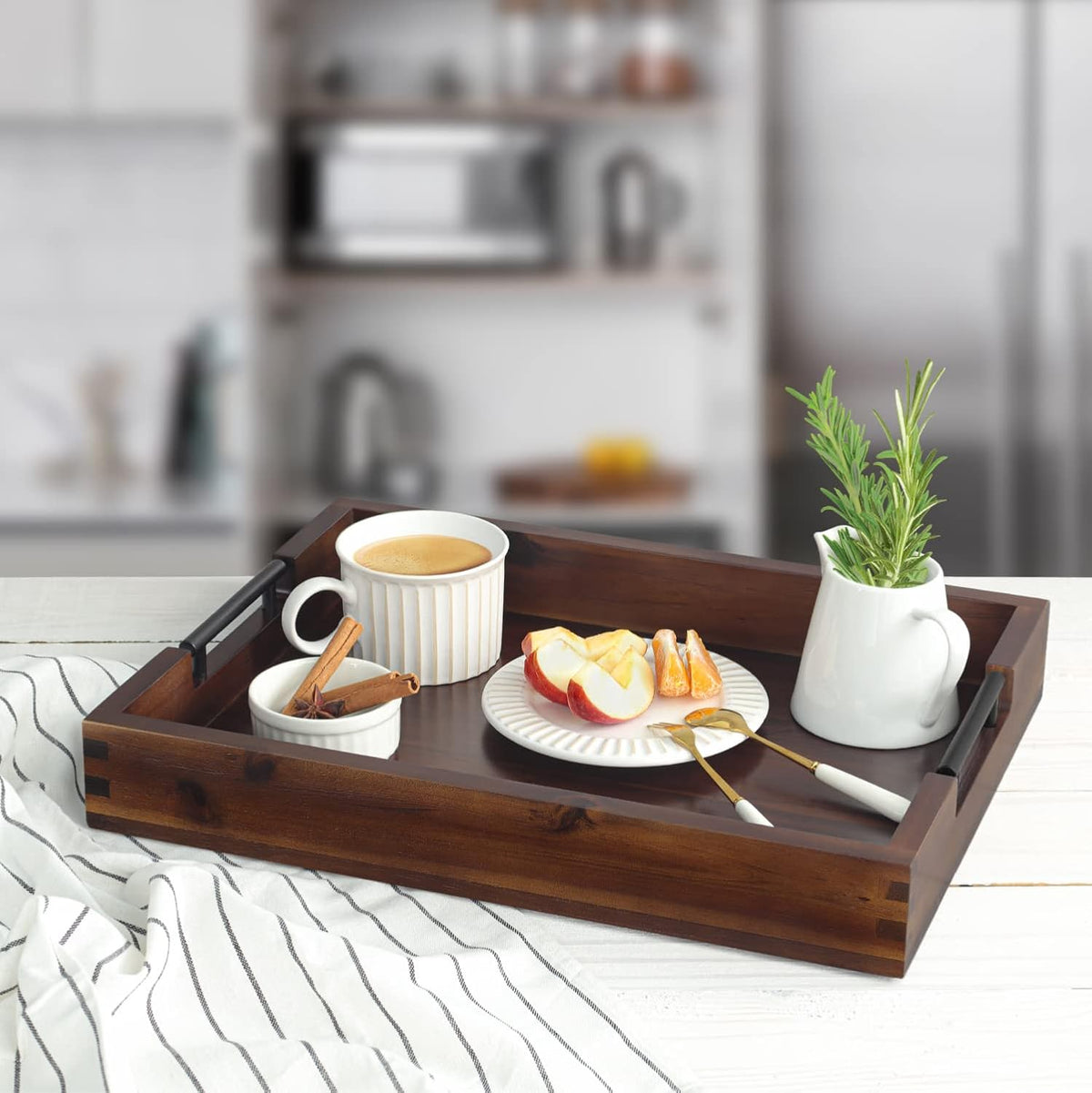 Ottoman Tray, Acacia Wood Serving Tray with Metal Handles, 16.5x12.5in Food Drinks Tray for Coffee Table, Breakfast, Dinner & Bar, Rustic Decorative Storage Tray for Ottoman, Kitchen, Packaging