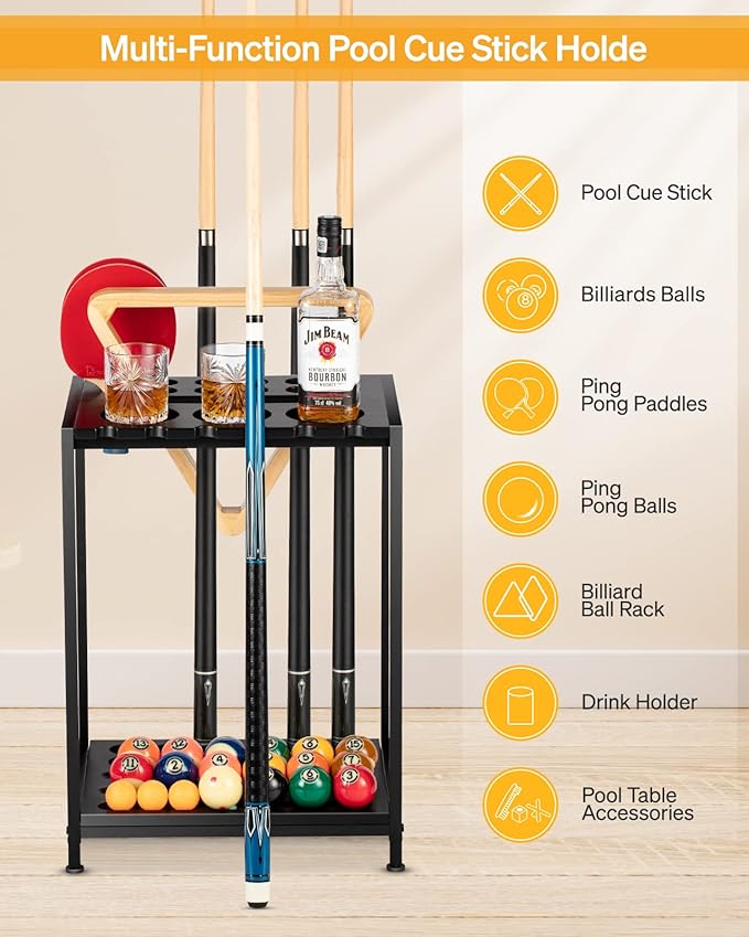Billiards Pool Stick Holder - Pool Cue Rack Floor Stand & Ping Pong Paddle Holder Hardwood Pool Cue Holder for 12 Cues Sticks Pool Table Accessories Organizer (Black)