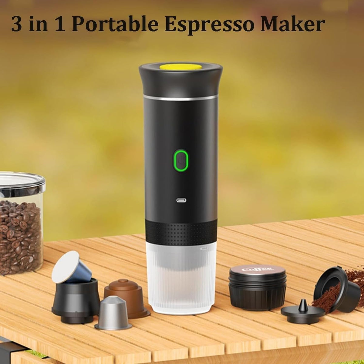 Esprova Portable Espresso Machine, Portable Electric Coffee Maker for Travel Camping, 3-in-1 Self-Heating Espresso Maker, Compatible with Ground Coffee and Capsules, Compact Lightweight (Green)