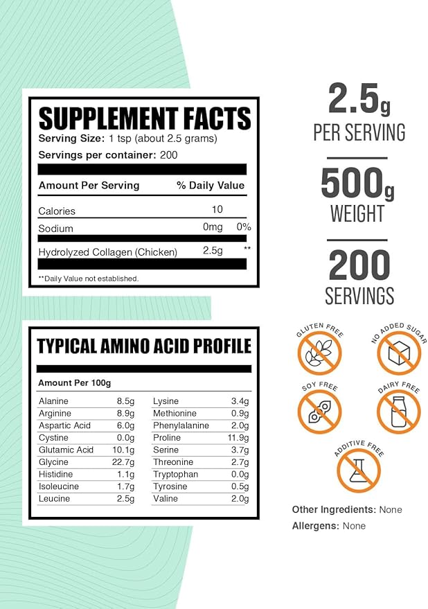 BulkSupplements.com Chicken Collagen Powder - Hydrolyzed Collagen Supplement, for Hair, Skin, & Nails - Unflavored & Gluten Free, 2.5g per Serving, 500g (1.1 lbs) (Pack of 1)