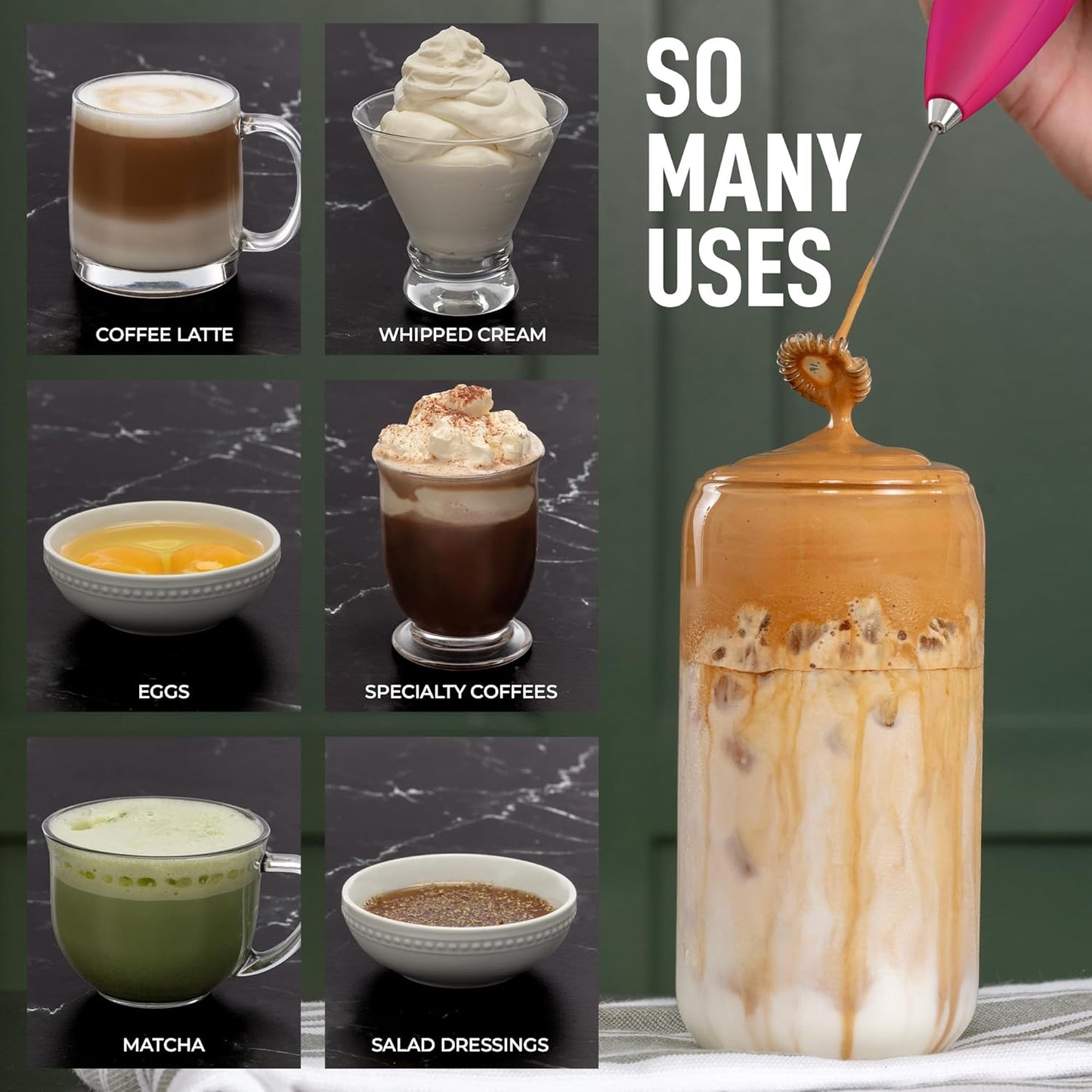 Zulay Kitchen Powerful Milk Frother Wand - Ultra Fast Handheld Drink Mixer - Electric Whisk Foam Maker for Coffee, Lattes, Cappuccino, Frappe, Matcha & Coffee Creamer - Hot Pink Gold