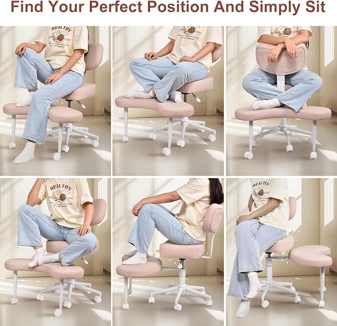 Meditation Chair Cross Legged ADHD Office Chair for Adults with Wheels Ergonomic Back Support and Leg Rest for Multi Position Criss Cross Sitting Kneeling and Yoga Height Adjustable, Leather Style