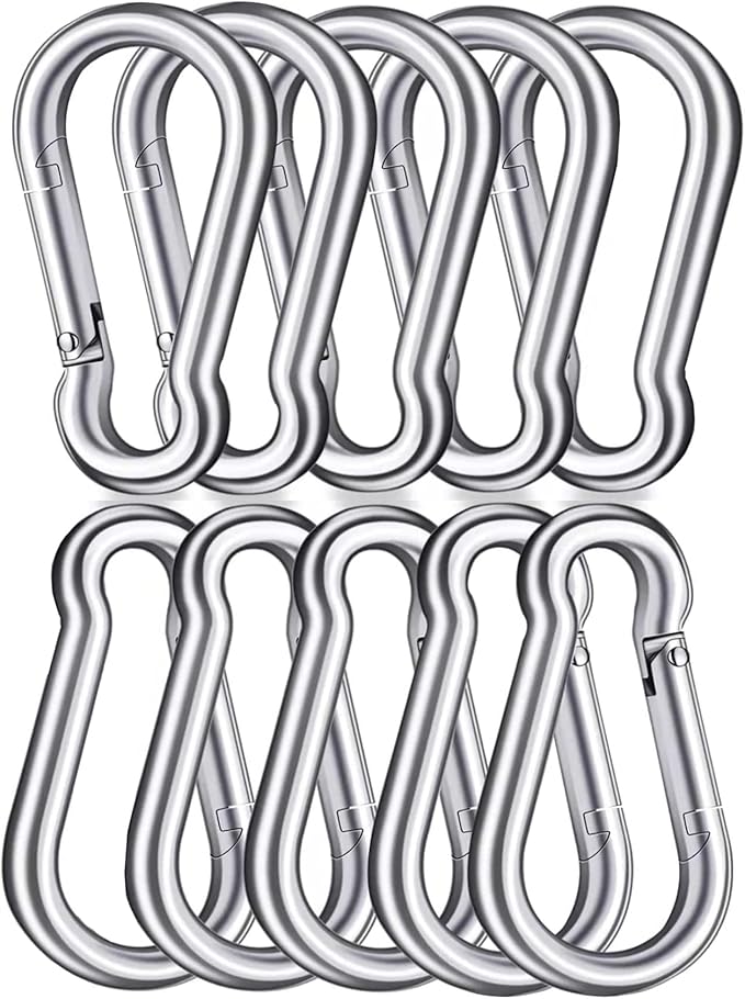 3 Inch Carabiner Spring Snap Hook Steel Clip Link Buckle Heavy Duty 8x80mm 10 Pcs for Outdoor Camping Hiking Hammock Swing, White
