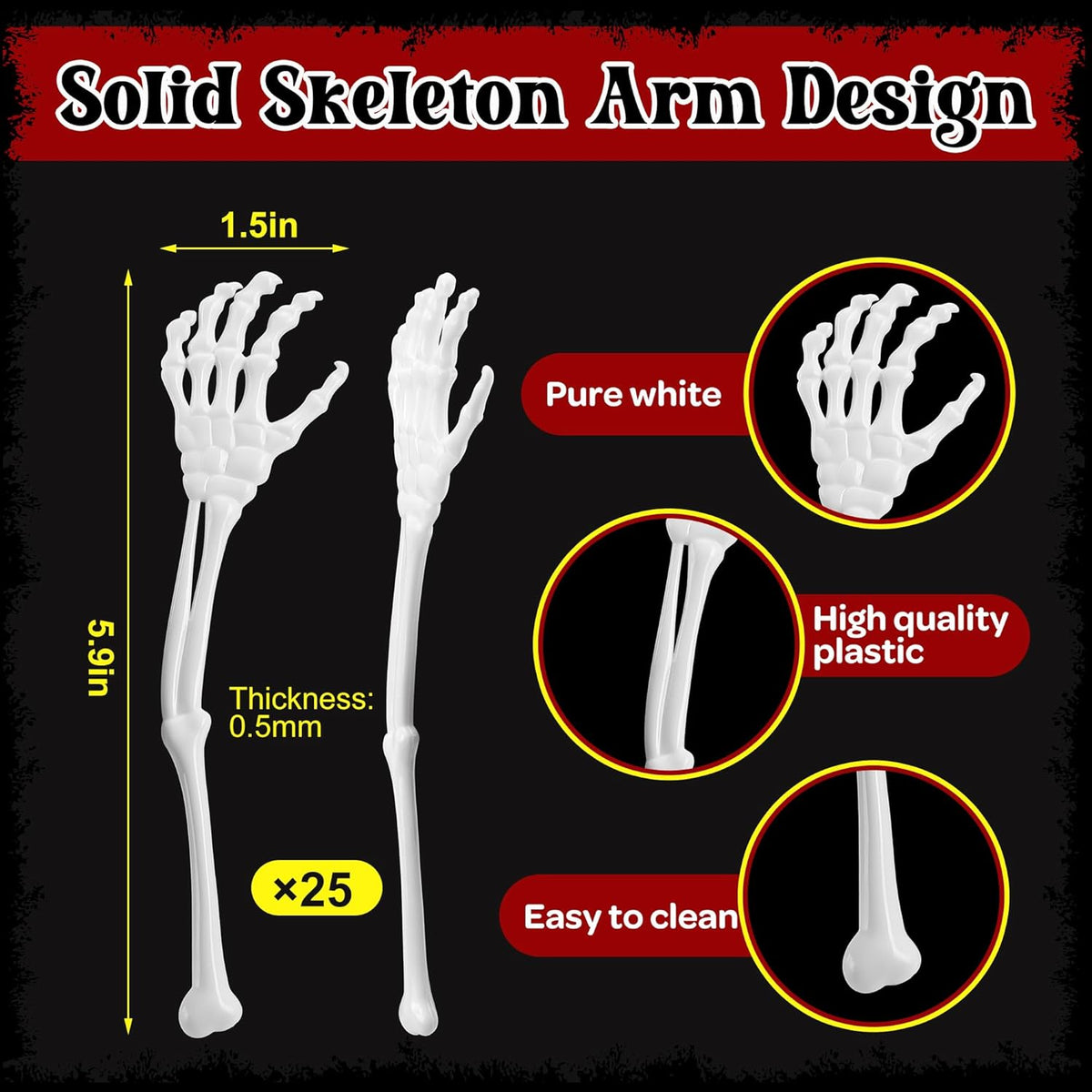 RunNico 25 Pcs 5.9''x1.5'' Halloween Skeleton Cocktail Stirrers, Reusable Skeleton Hand Swizzle Sticks, Halloween Plastic Drink Stirrer for Home Bar Horror Party Table Decorations Photo Props