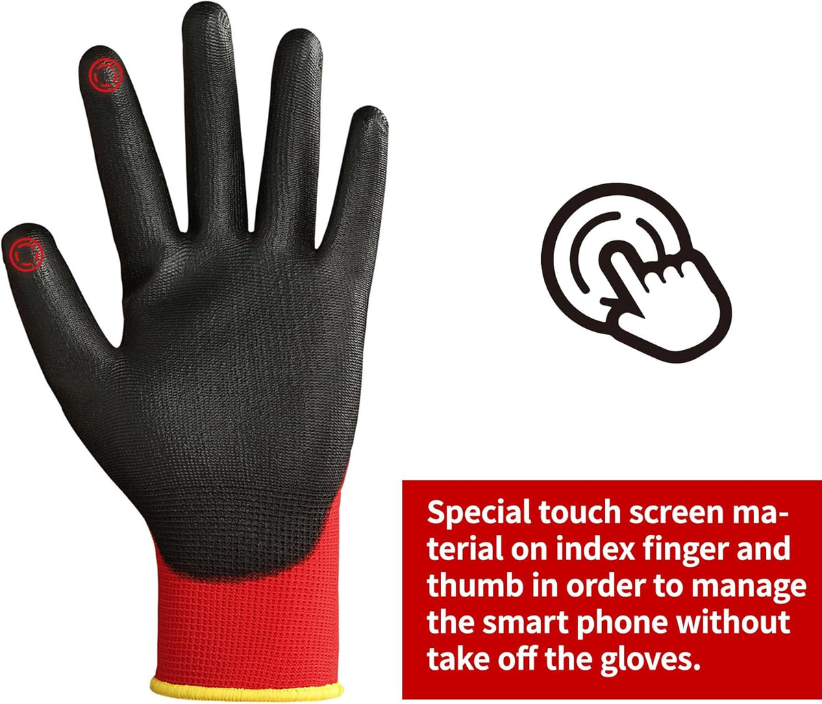 DULFINE Safety Work Gloves PU Coated for Men and Women-12 Pairs,Red Seamless Knit Glove with Two Fingers Touchscreen,Ideal for General Duty Work (Medium)