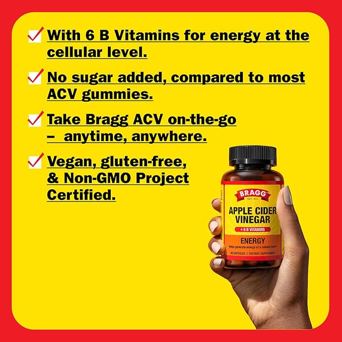 Bragg Energy Apple Cider Vinegar Capsules with B-12 Vitamins - 90 Capsules - Weight Management - Non-GMO, Vegan, Gluten Free, No Sugar - Helps Generate Energy at Cellular Level for Men and Women