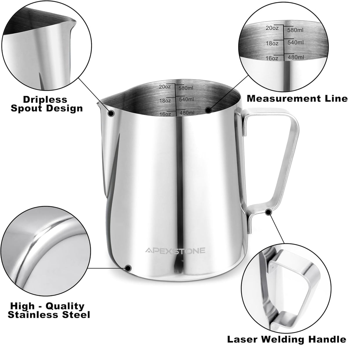 Apexstone Espresso Milk Frothing Pitcher 20 oz, Espresso Steaming Pitcher 20 oz, Coffee Milk Frothing Cup, Coffee Steaming Pitcher 20 oz/600 ml