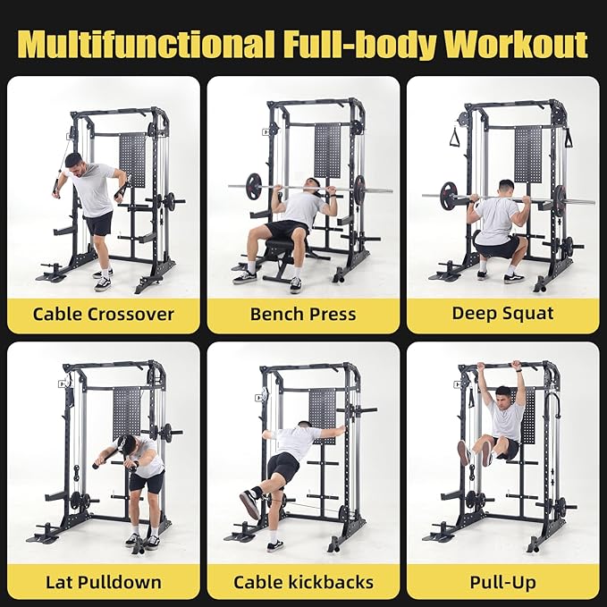 Power Cage, Squat Rack with Cable Crossover and Dual Independent Pulley System, 2000LB Capacity Workout Cage with More Training Attachments, Power Rack for Home Gym