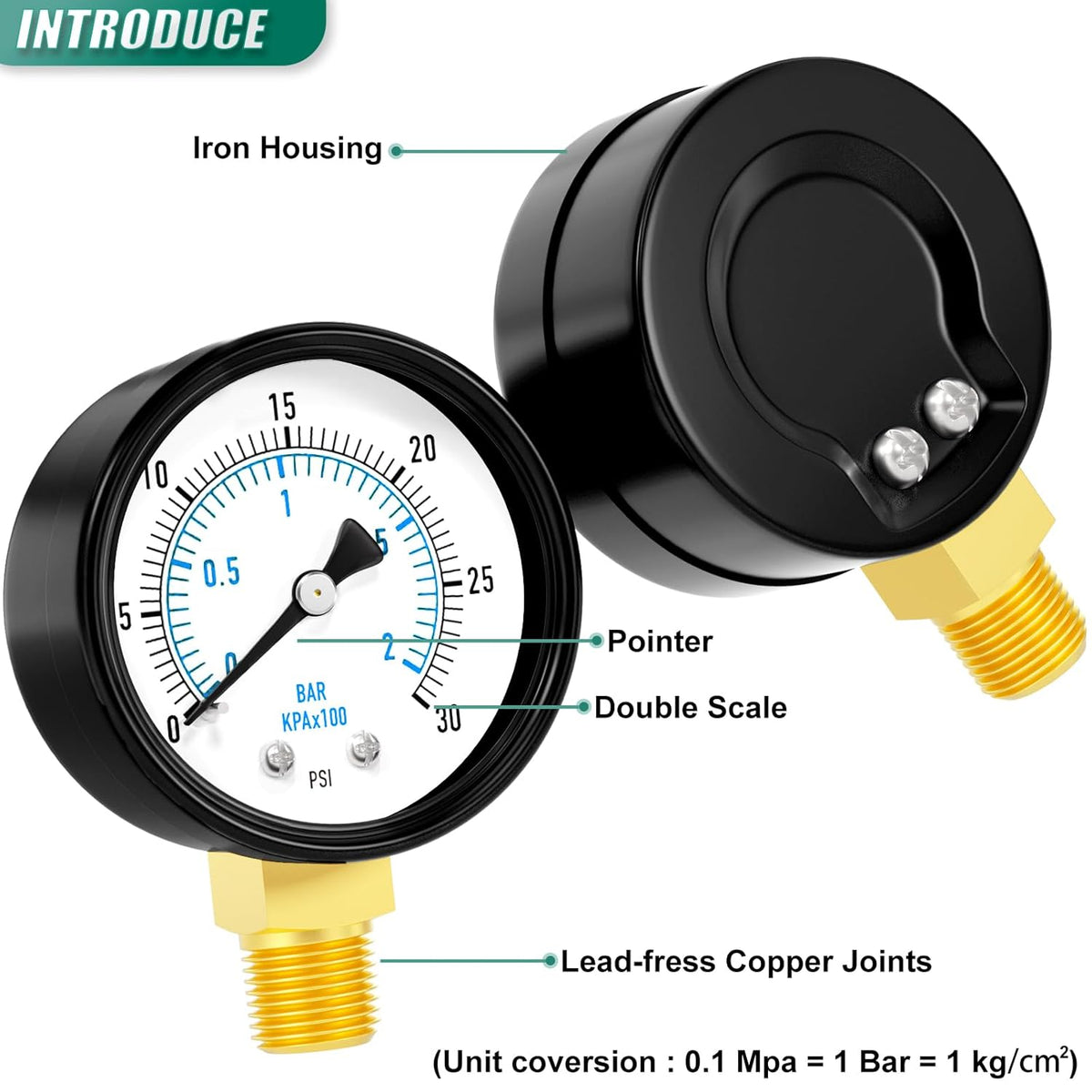 0-30PSI Well Pump Pressure Gauge 2" Dial Size, 1/4" NPT Lower Mount, 3-2-3% Accuracy, for Tube, Water Pump, Gas, Liquid, Pressure Test
