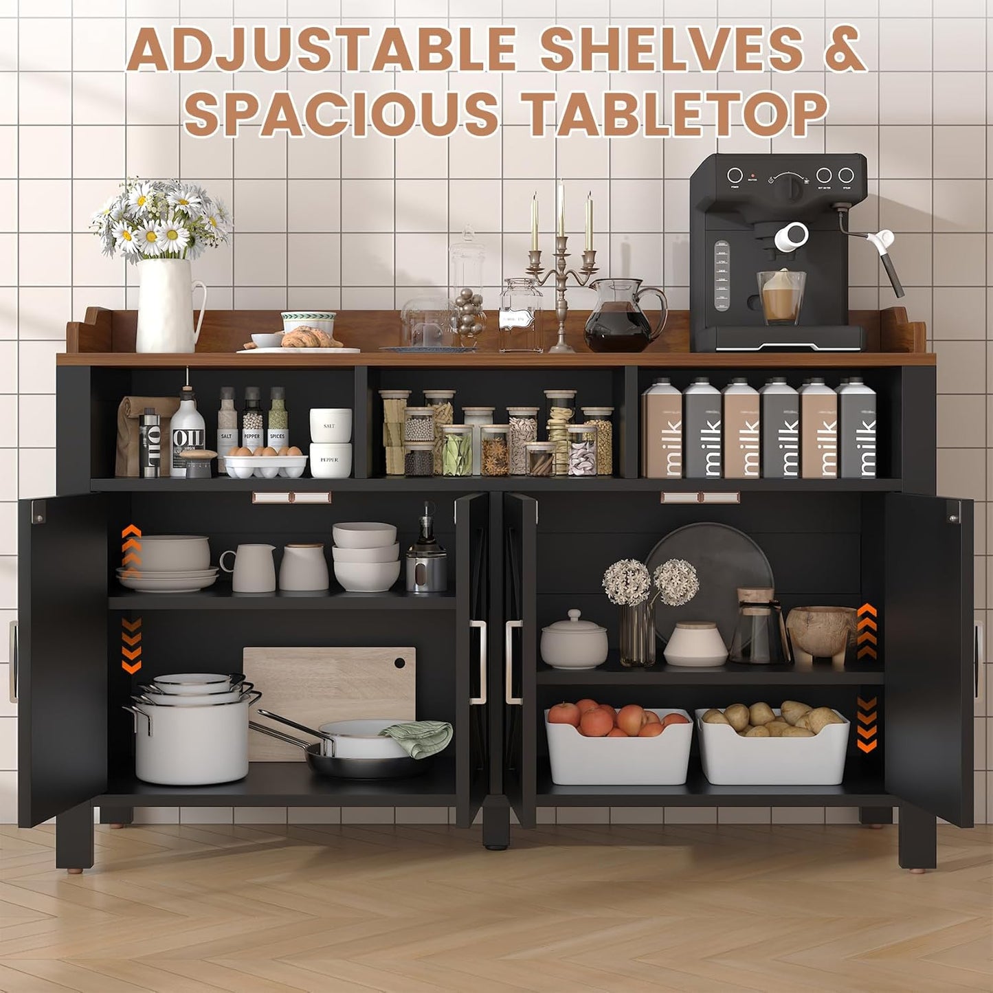 Buffet Cabinet with Storage Farmhouse with 4 Doors and 3 Open Compartments, 55'' Large Kitchen Storage Cabinet Black Wood Coffee Bar Buffet Sideboard for Kitchen, Dining Room, Living Room